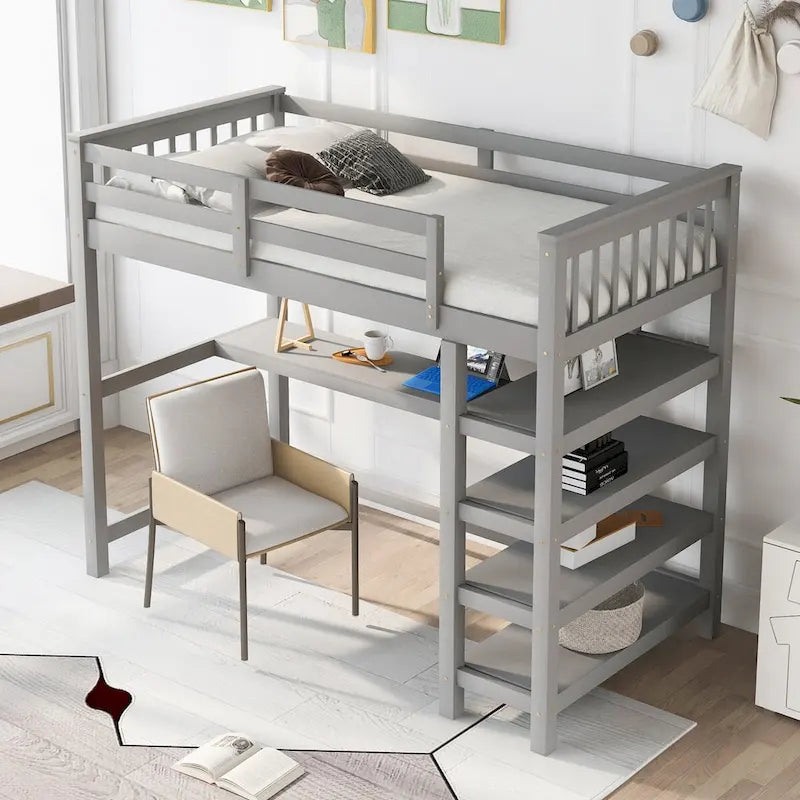 Lit superposé jumeau avec bureau sous le lit et étagères de rangement | Bois de pin massif | Capacité de 113 kg