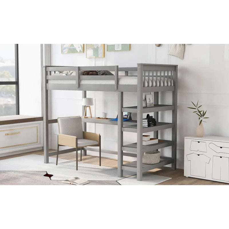Lit superposé jumeau avec bureau sous le lit et étagères de rangement | Bois de pin massif | Capacité de 113 kg
