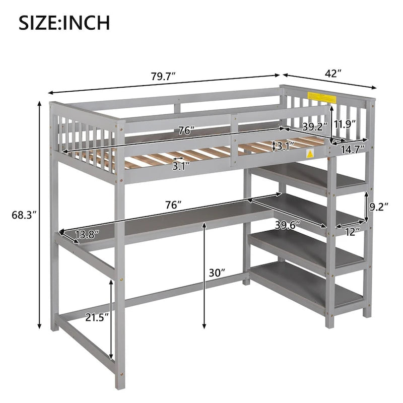Lit superposé jumeau avec bureau sous le lit et étagères de rangement | Bois de pin massif | Capacité de 113 kg