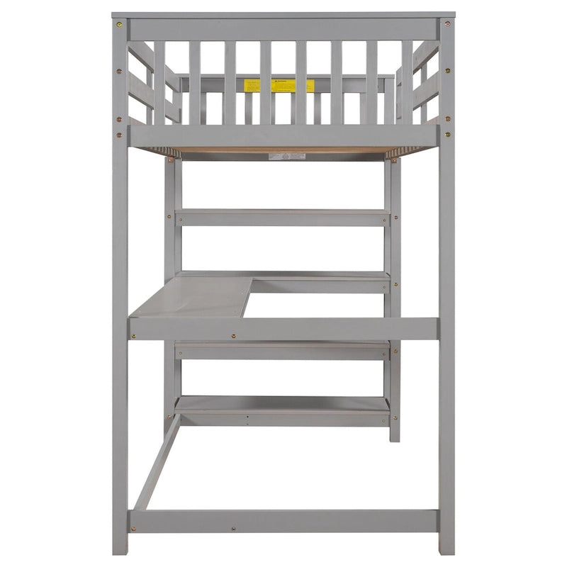 Lit superposé jumeau avec bureau sous le lit et étagères de rangement | Bois de pin massif | Capacité de 113 kg