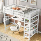 Lit superposé jumeau avec bureau sous le lit et étagères de rangement | Bois de pin massif | Capacité de 113 kg