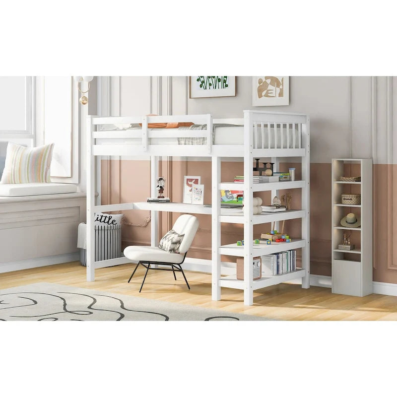 Lit superposé jumeau avec bureau sous le lit et étagères de rangement | Bois de pin massif | Capacité de 113 kg