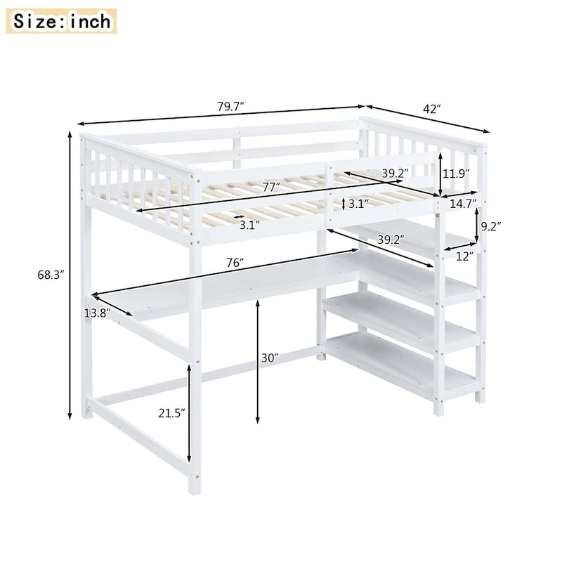 Lit superposé jumeau avec bureau sous le lit et étagères de rangement | Bois de pin massif | Capacité de 113 kg