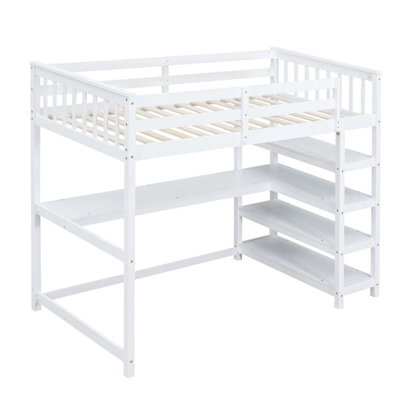 Lit superposé jumeau avec bureau sous le lit et étagères de rangement | Bois de pin massif | Capacité de 113 kg