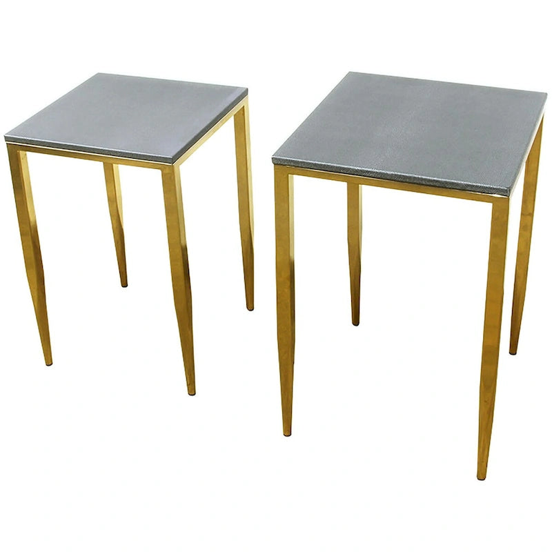 Tables gigognes 2 pièces | Plateau gris imitation galuchat et pieds dorés | Hauteur 56,5 cm et 52 cm