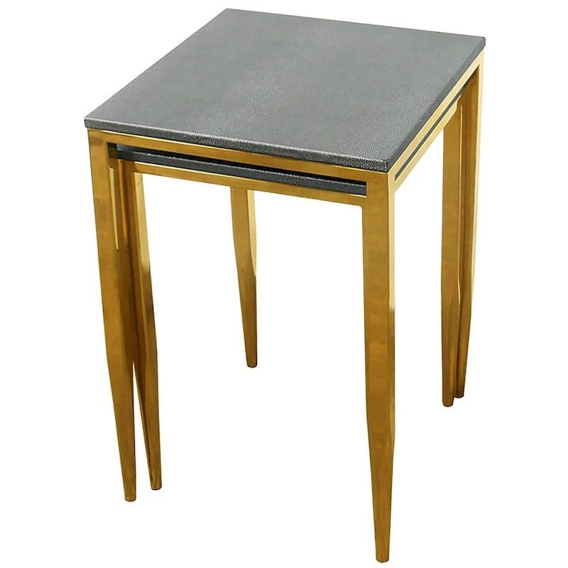 Tables gigognes 2 pièces | Plateau gris imitation galuchat et pieds dorés | Hauteur 56,5 cm et 52 cm