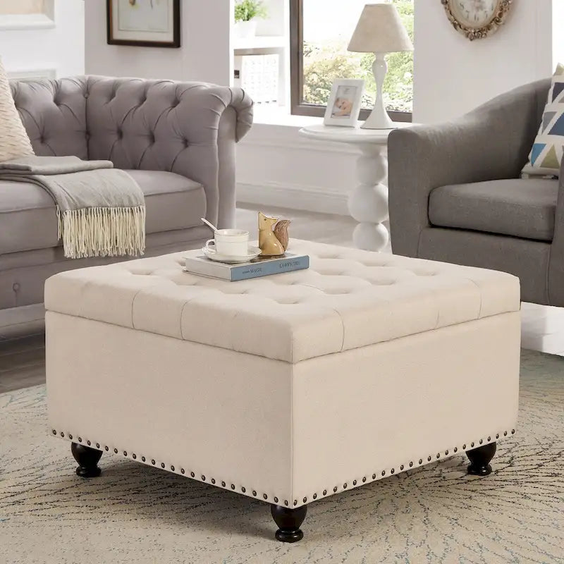 Grand pouf de rangement carré | Capitonnage à boutons | Lin et cuir synthétique | 30x30x18 | 136 kg
