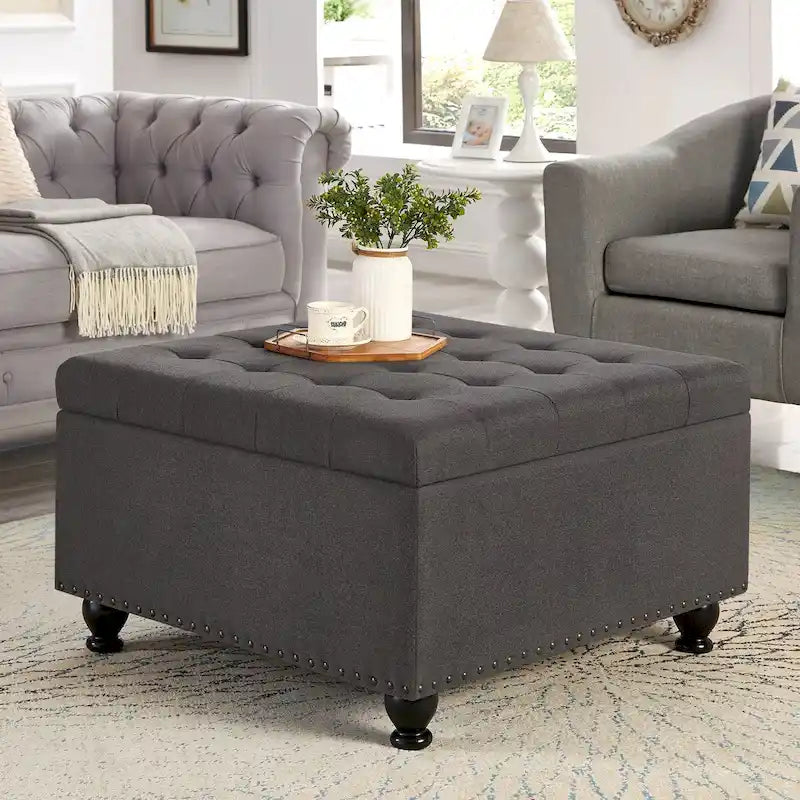 Grand pouf de rangement carré | Capitonnage à boutons | Lin et cuir synthétique | 30x30x18 | 136 kg