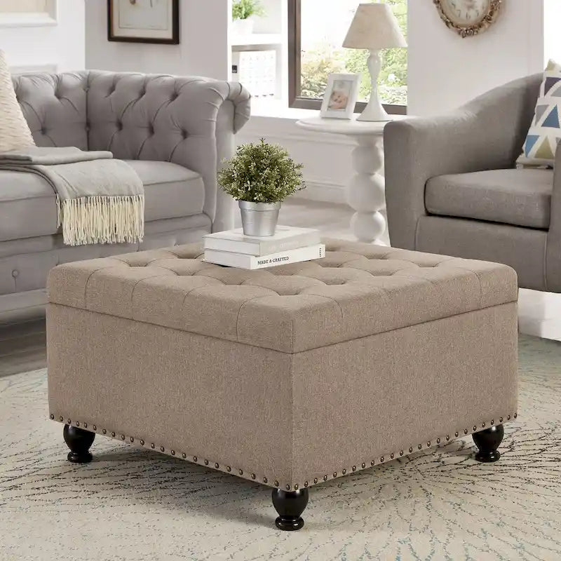 Grand pouf de rangement carré | Capitonnage à boutons | Lin et cuir synthétique | 30x30x18 | 136 kg