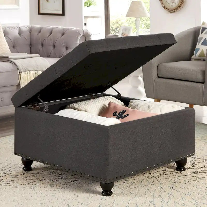 Grand pouf de rangement carré | Capitonnage à boutons | Lin et cuir synthétique | 30x30x18 | 136 kg
