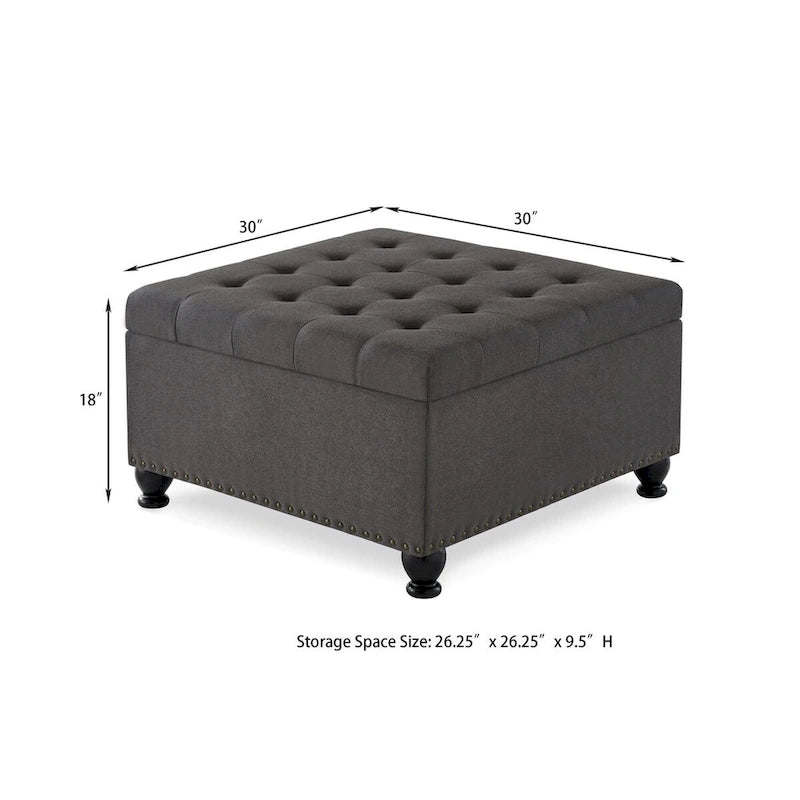 Grand pouf de rangement carré | Capitonnage à boutons | Lin et cuir synthétique | 30x30x18 | 136 kg