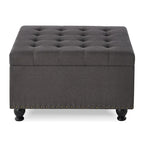 Grand pouf de rangement carré | Capitonnage à boutons | Lin et cuir synthétique | 30x30x18 | 136 kg