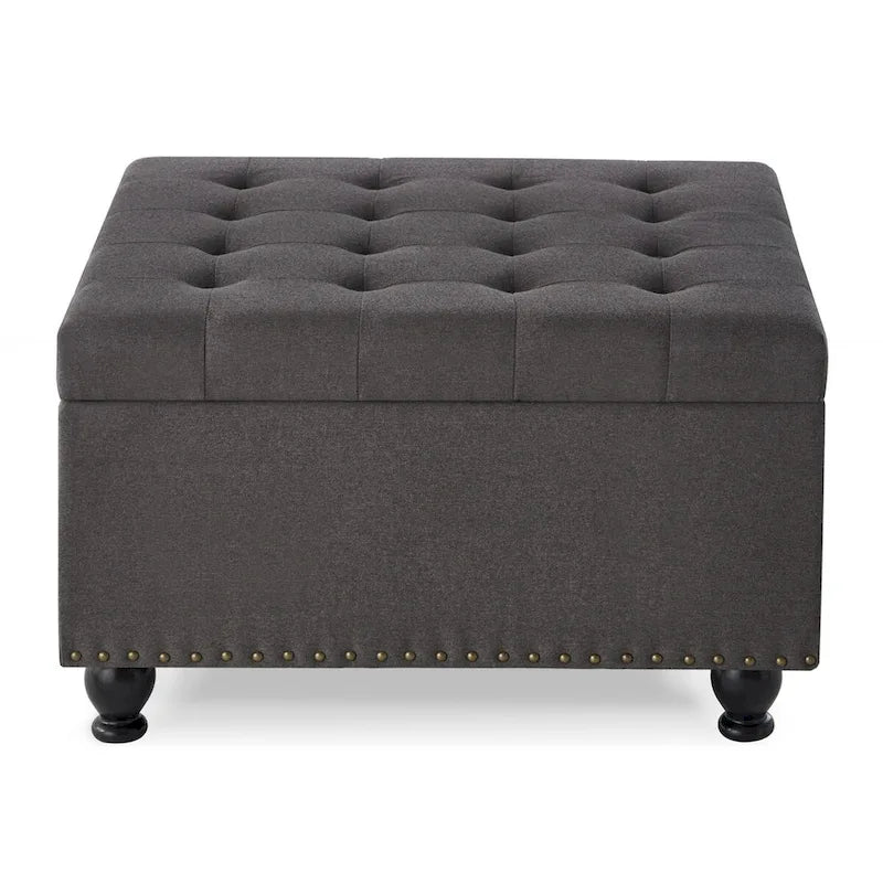 Grand pouf de rangement carré | Capitonnage à boutons | Lin et cuir synthétique | 30x30x18 | 136 kg