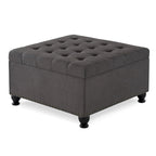 Grand pouf de rangement carré | Capitonnage à boutons | Lin et cuir synthétique | 30x30x18 | 136 kg