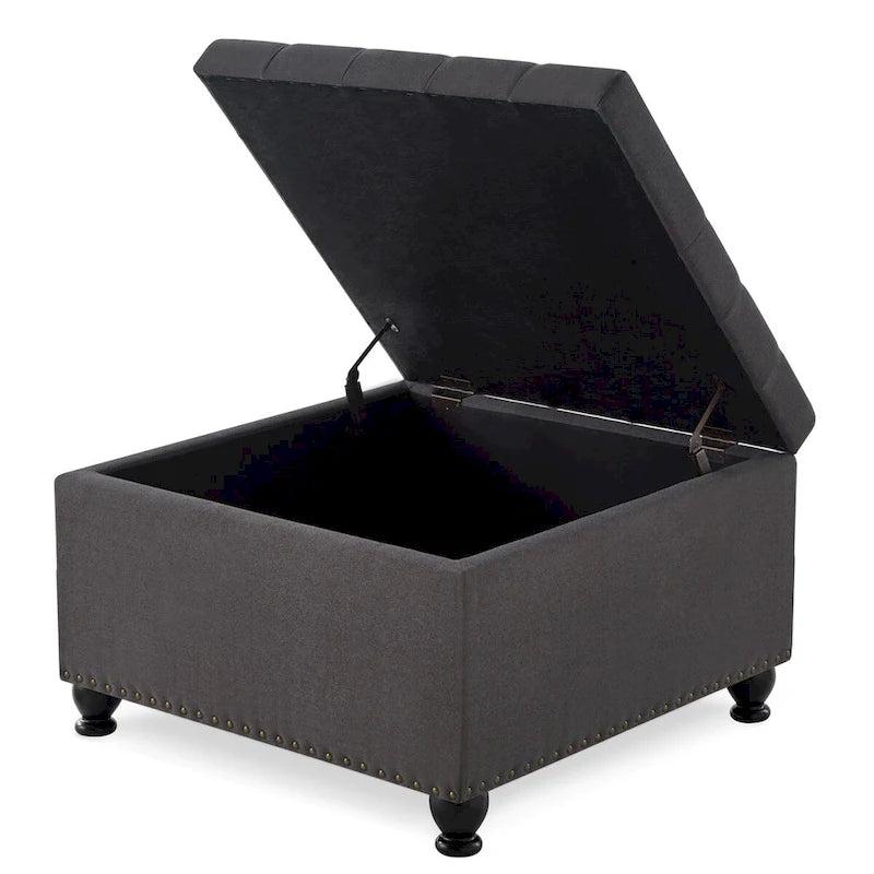 Grand pouf de rangement carré | Capitonnage à boutons | Lin et cuir synthétique | 30x30x18 | 136 kg