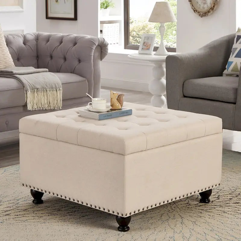 Grand pouf de rangement carré | Capitonnage à boutons | Lin et cuir synthétique | 30x30x18 | 136 kg