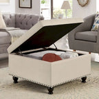 Grand pouf de rangement carré | Capitonnage à boutons | Lin et cuir synthétique | 30x30x18 | 136 kg