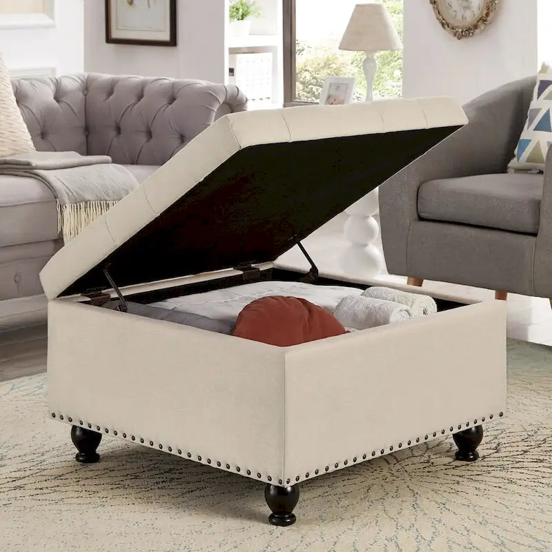 Grand pouf de rangement carré | Capitonnage à boutons | Lin et cuir synthétique | 30x30x18 | 136 kg