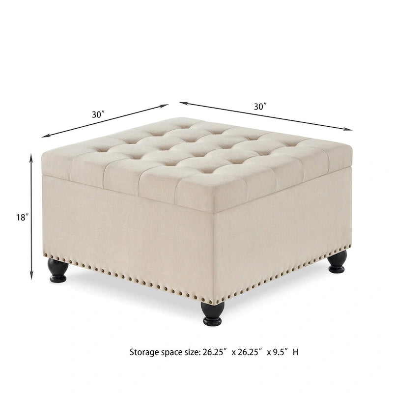 Grand pouf de rangement carré | Capitonnage à boutons | Lin et cuir synthétique | 30x30x18 | 136 kg