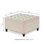 Grand pouf de rangement carré | Capitonnage à boutons | Lin et cuir synthétique | 30x30x18 | 136 kg