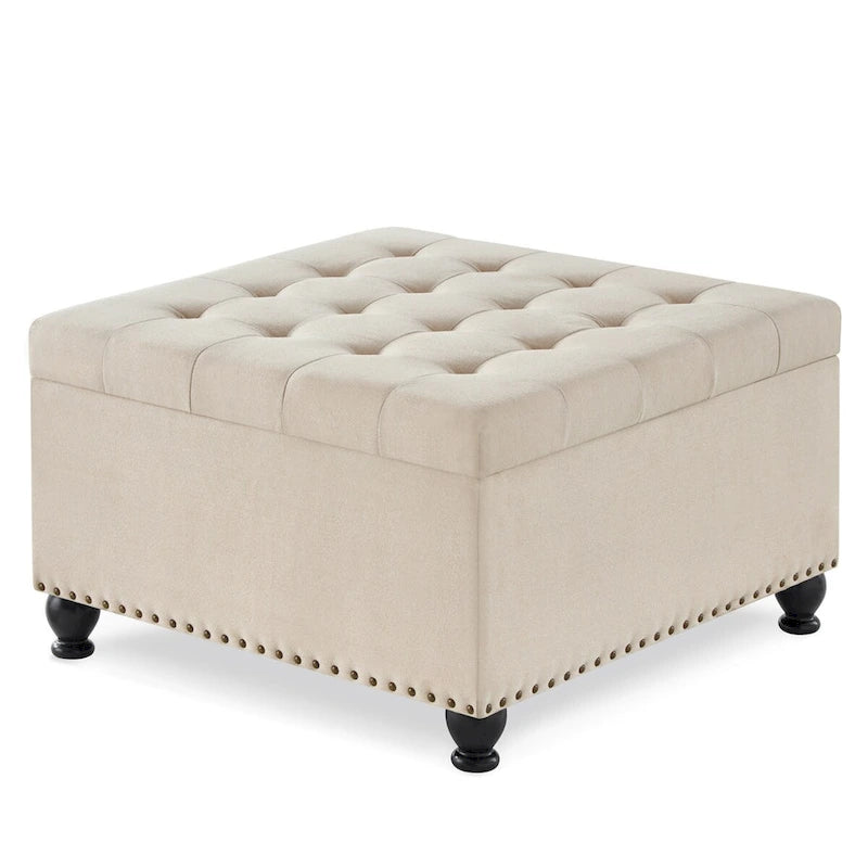 Grand pouf de rangement carré | Capitonnage à boutons | Lin et cuir synthétique | 30x30x18 | 136 kg