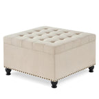 Grand pouf de rangement carré | Capitonnage à boutons | Lin et cuir synthétique | 30x30x18 | 136 kg