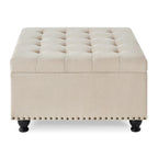 Grand pouf de rangement carré | Capitonnage à boutons | Lin et cuir synthétique | 30x30x18 | 136 kg