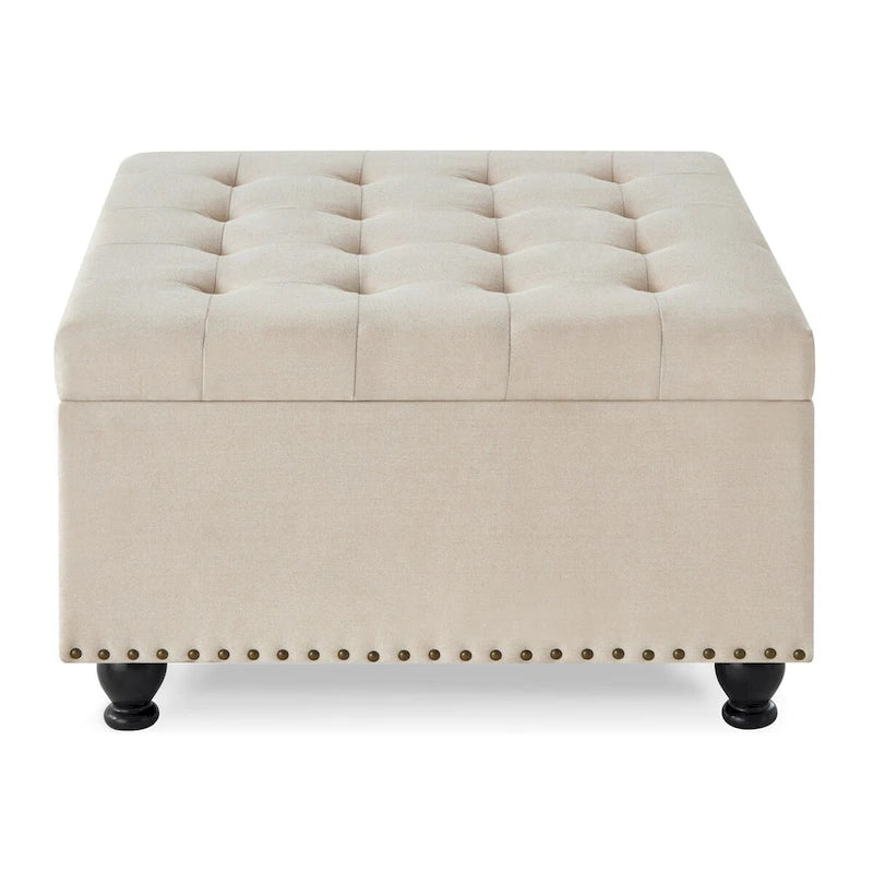 Grand pouf de rangement carré | Capitonnage à boutons | Lin et cuir synthétique | 30x30x18 | 136 kg