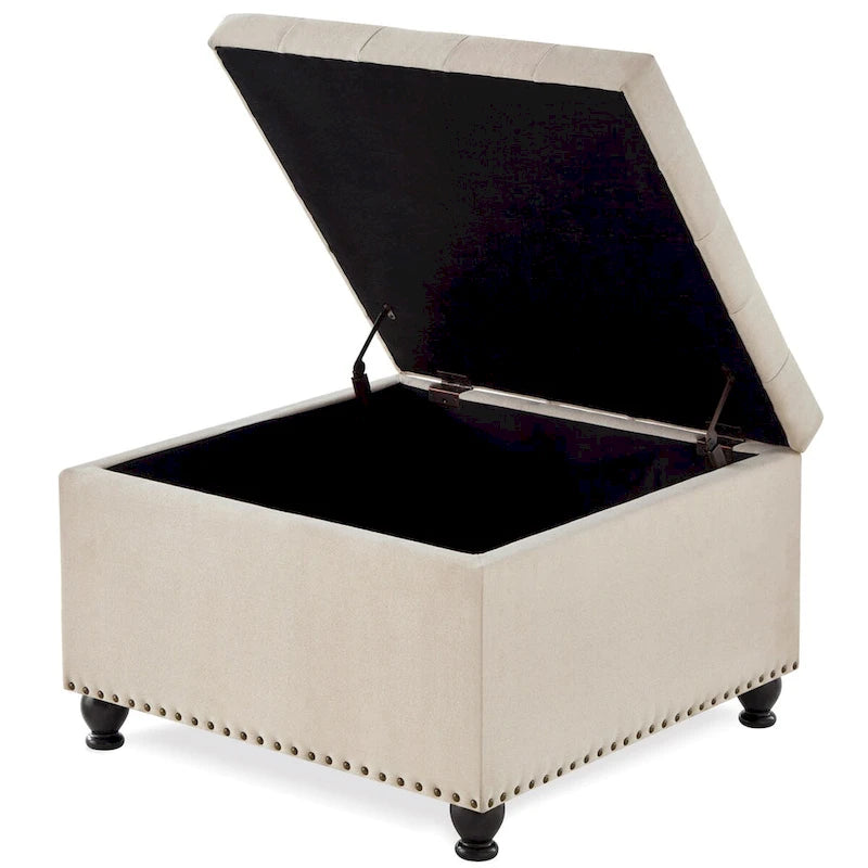 Grand pouf de rangement carré | Capitonnage à boutons | Lin et cuir synthétique | 30x30x18 | 136 kg