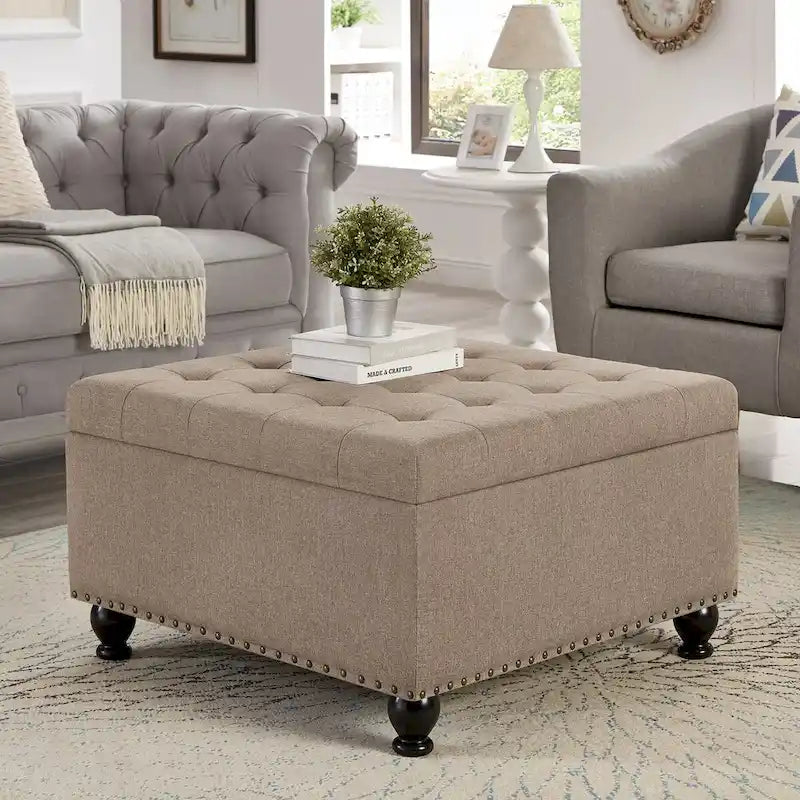 Grand pouf de rangement carré | Capitonnage à boutons | Lin et cuir synthétique | 30x30x18 | 136 kg
