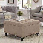 Grand pouf de rangement carré | Capitonnage à boutons | Lin et cuir synthétique | 30x30x18 | 136 kg