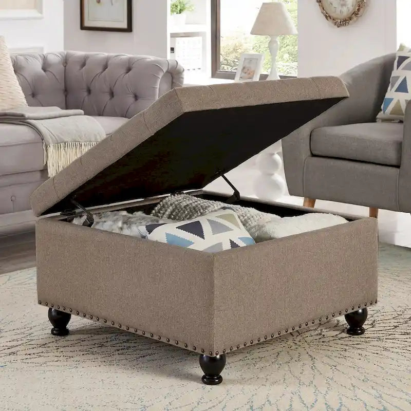 Grand pouf de rangement carré | Capitonnage à boutons | Lin et cuir synthétique | 30x30x18 | 136 kg