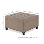 Grand pouf de rangement carré | Capitonnage à boutons | Lin et cuir synthétique | 30x30x18 | 136 kg