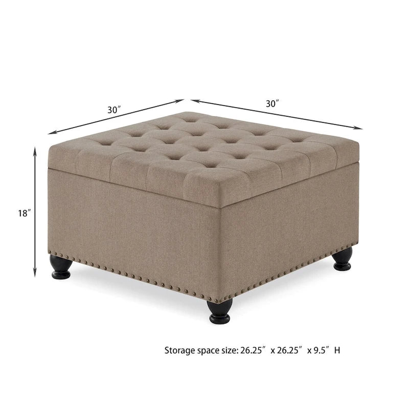 Grand pouf de rangement carré | Capitonnage à boutons | Lin et cuir synthétique | 30x30x18 | 136 kg