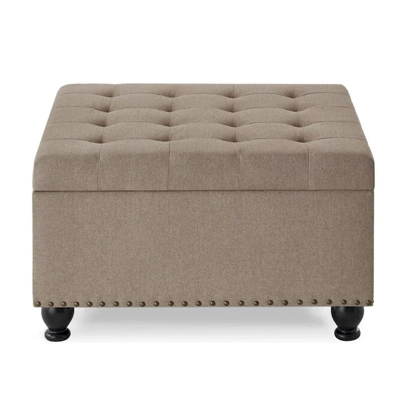 Grand pouf de rangement carré | Capitonnage à boutons | Lin et cuir synthétique | 30x30x18 | 136 kg