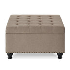 Grand pouf de rangement carré | Capitonnage à boutons | Lin et cuir synthétique | 30x30x18 | 136 kg