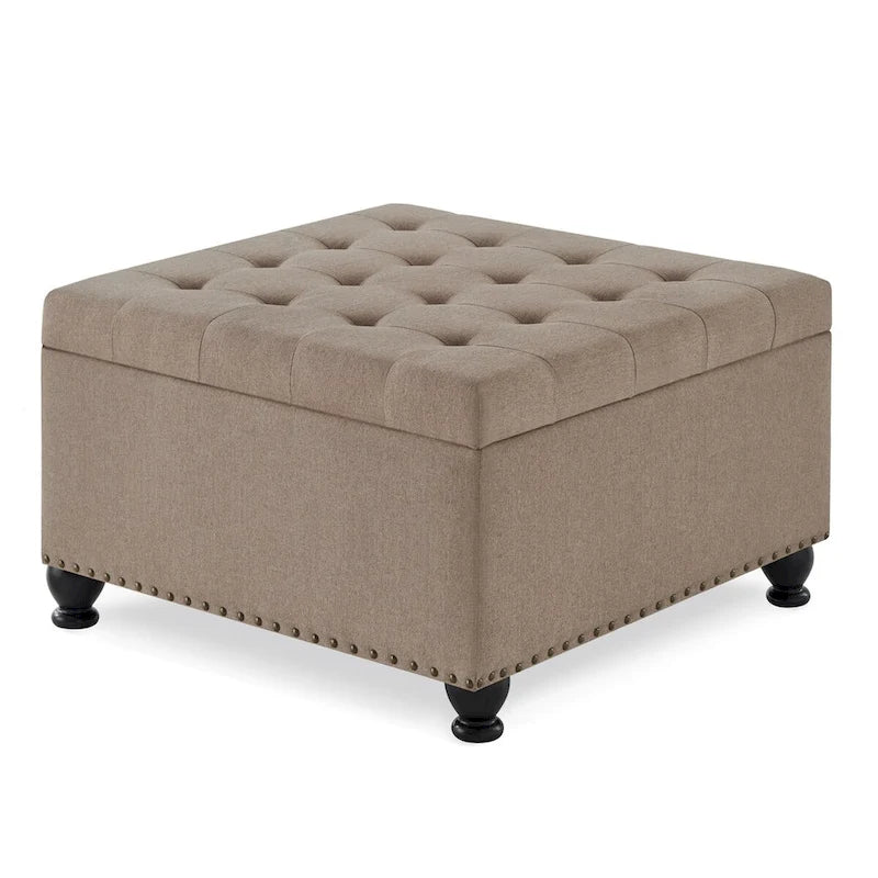 Grand pouf de rangement carré | Capitonnage à boutons | Lin et cuir synthétique | 30x30x18 | 136 kg