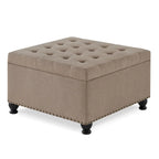 Grand pouf de rangement carré | Capitonnage à boutons | Lin et cuir synthétique | 30x30x18 | 136 kg
