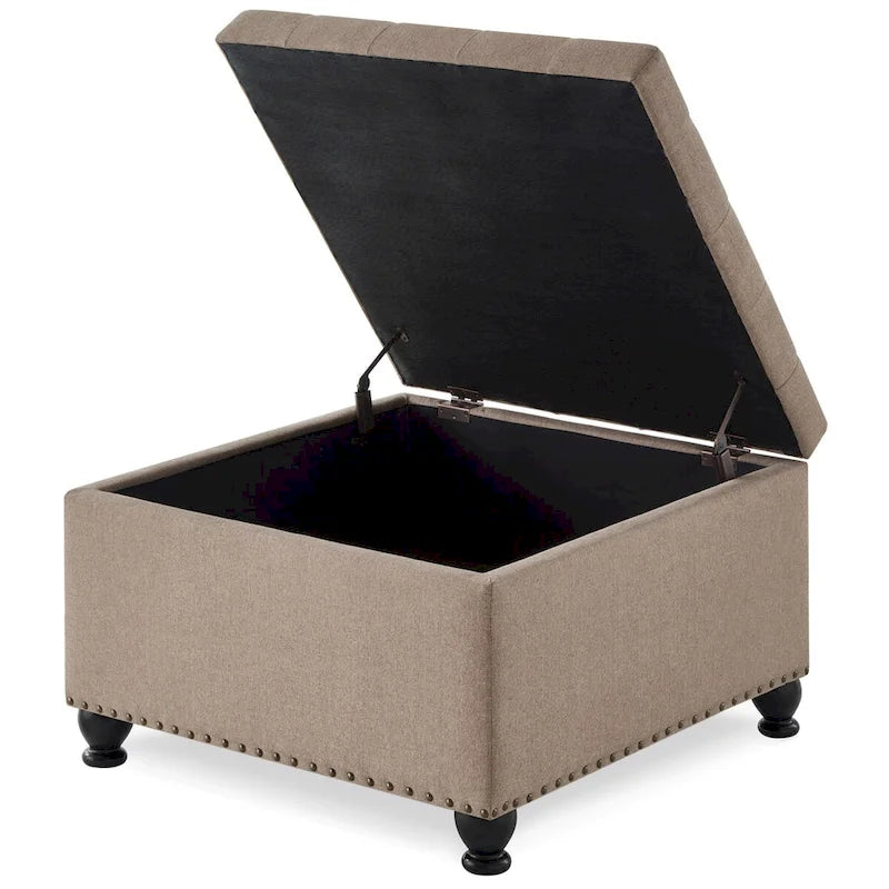 Grand pouf de rangement carré | Capitonnage à boutons | Lin et cuir synthétique | 30x30x18 | 136 kg