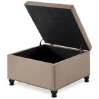 Grand pouf de rangement carré | Capitonnage à boutons | Lin et cuir synthétique | 30x30x18 | 136 kg