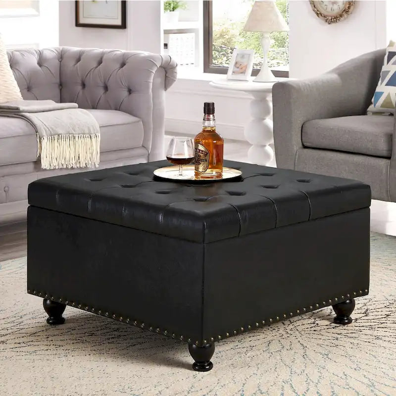 Grand pouf de rangement carré | Capitonnage à boutons | Lin et cuir synthétique | 30x30x18 | 136 kg