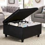 Grand pouf de rangement carré | Capitonnage à boutons | Lin et cuir synthétique | 30x30x18 | 136 kg