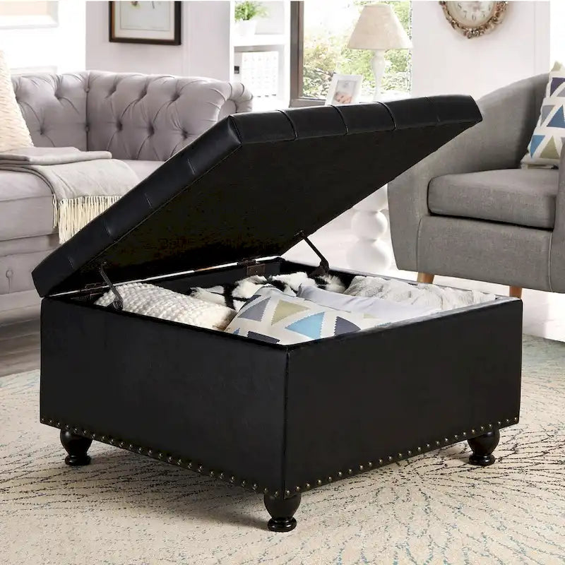 Grand pouf de rangement carré | Capitonnage à boutons | Lin et cuir synthétique | 30x30x18 | 136 kg