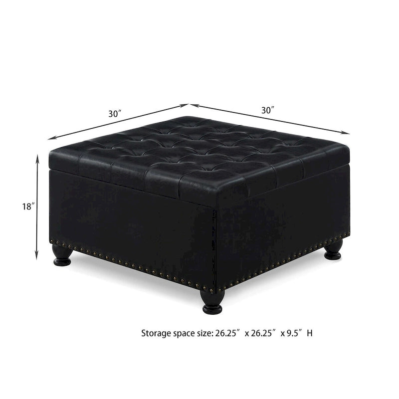 Grand pouf de rangement carré | Capitonnage à boutons | Lin et cuir synthétique | 30x30x18 | 136 kg