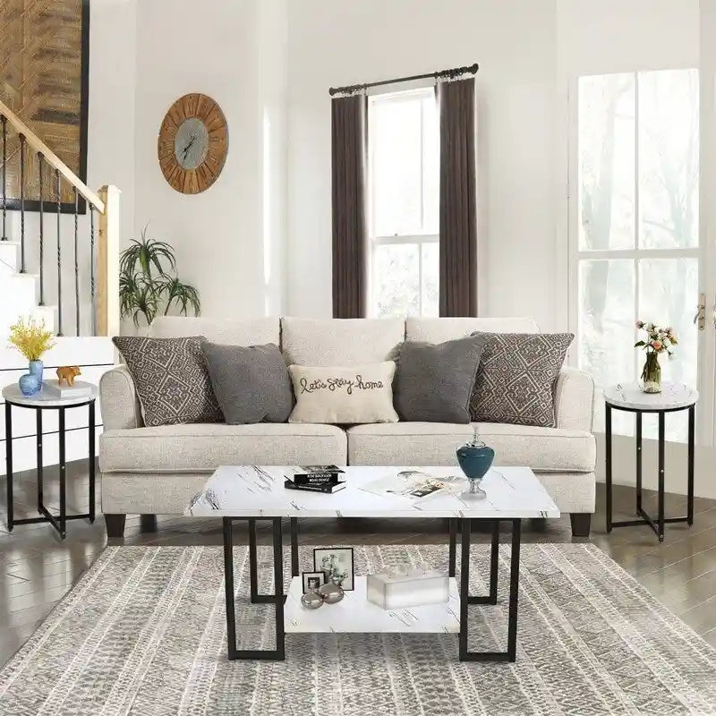 Ensemble de 3 tables basses modernes avec 2 tables d'appoint, plateau en faux marbre, accents métalliques