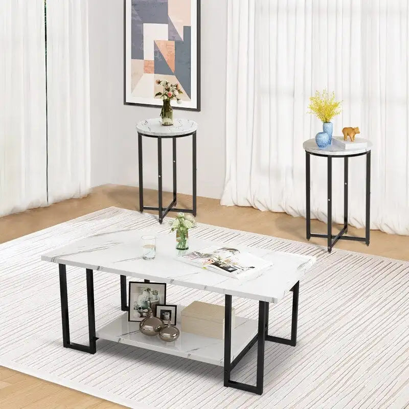 Ensemble de 3 tables basses modernes avec 2 tables d'appoint, plateau en faux marbre, accents métalliques