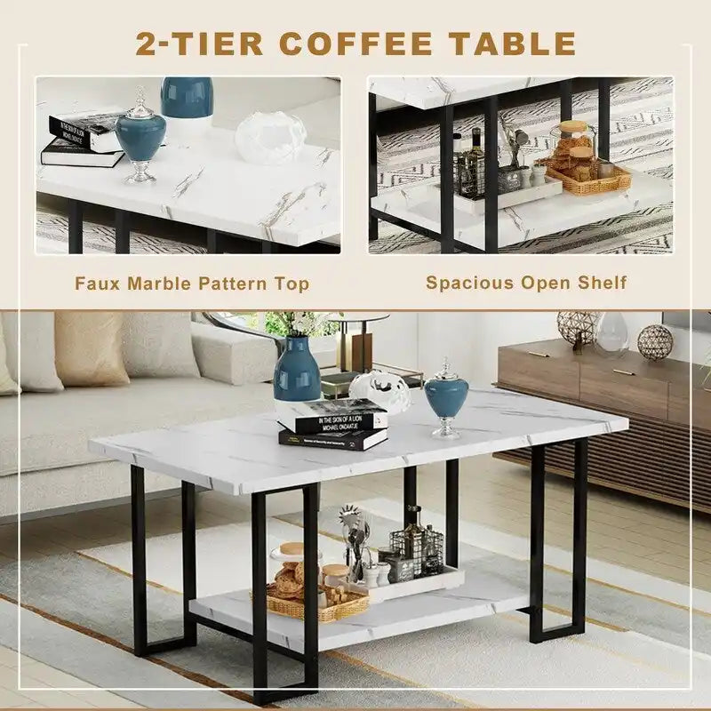 Ensemble de 3 tables basses modernes avec 2 tables d'appoint, plateau en faux marbre, accents métalliques