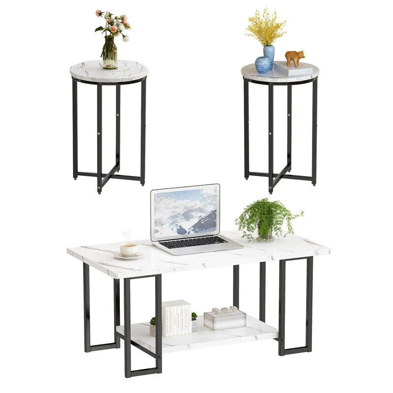 Ensemble de 3 tables basses modernes avec 2 tables d'appoint, plateau en faux marbre, accents métalliques