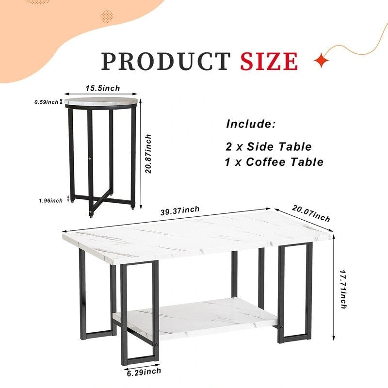 Ensemble de 3 tables basses modernes avec 2 tables d'appoint, plateau en faux marbre, accents métalliques