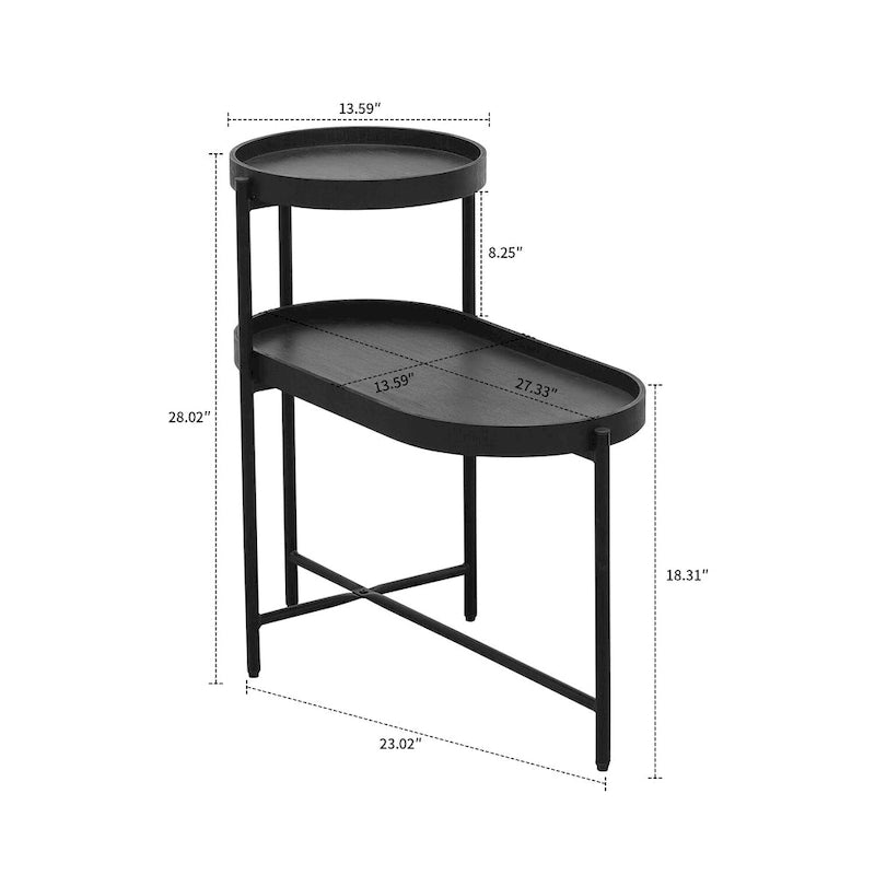 Table d'appoint à deux niveaux au design minimaliste avec patins réglables, Noir